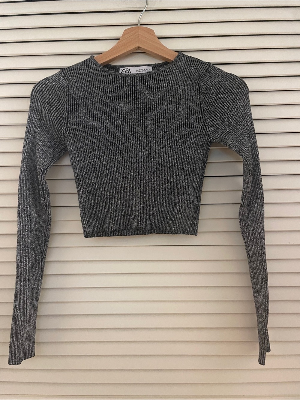 Zara Metallic Ribbed Gray Cropped Top